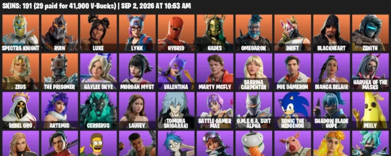 Fortnite account inventory for LVL 2344 - Spectra Knight - Ruin - 191 Outfits