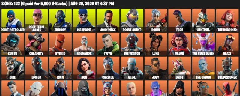 Fortnite account inventory for LVL 1383 - Point Patroller - Rose Team Leader - 122 Outfits