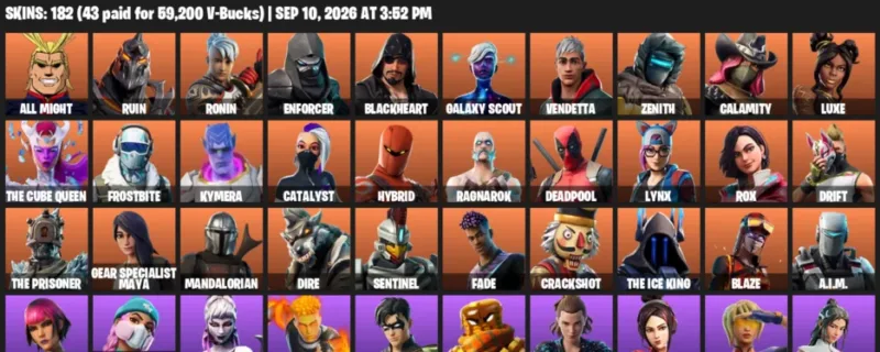 Fortnite account inventory for LVL 2220 - All Might - Ruin - 182 Outfits