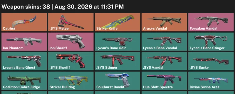 Valorant account inventory for LVL 149 · Araxys Vandal & Striker Knife