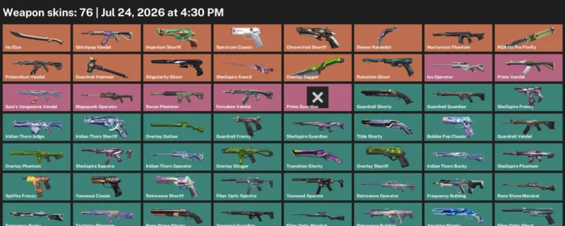 Valorant Accounts listing: LVL 216 · Overlay Dagger & Reaver Karambit · 76 Skins - Silver 3, 76 skins