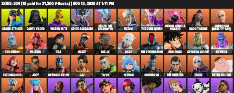 Fortnite account inventory for LVL 3139 - Cloud Striker - Darth Vader - 204 Outfits
