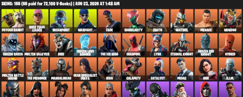Fortnite account inventory for LVL 1709 - Psycho Bandit - Rose Team Leader - 155 Outfits