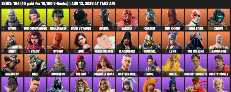 Fortnite account inventory for LVL 785 - Havoc - Sub Commander - 104 Outfits