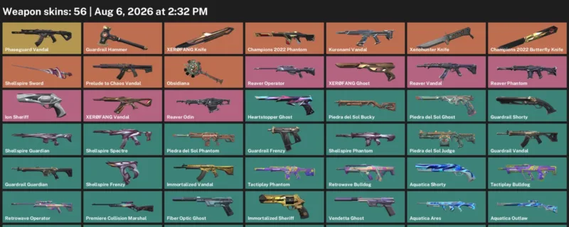 Valorant account inventory for LVL 219 · 56 Skins Champions 2022 Butterfly Knife & Xenohunter Knife