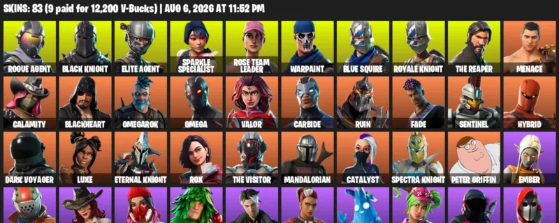 Fortnite account inventory for LVL 1098 - Rogue Agent - Black Knight - 83 Outfits