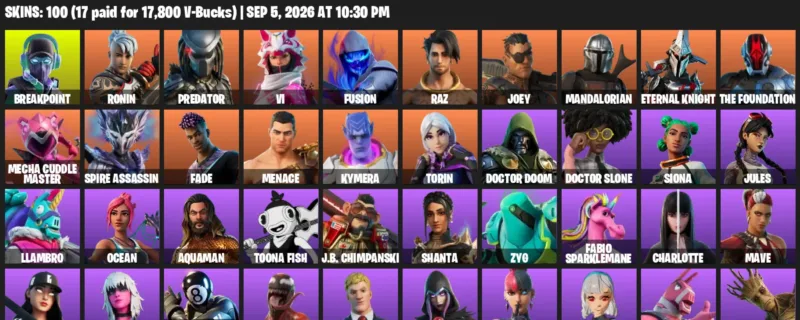 Fortnite account inventory for LVL 2204 - Breakpoint - Ronin - 100 Outfits