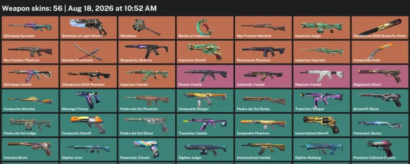 Valorant account inventory for LVL 112 · 56 Skins Champions 2022 Butterfly Knife & Composite Knife