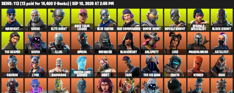 Fortnite account inventory for LVL 1535 - Warpaint - Havoc - 113 Outfits
