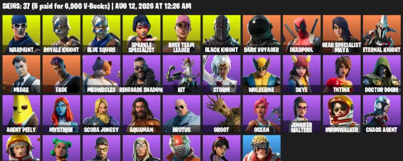 Fortnite account inventory for LVL 651 - Warpaint - Royale Knight - 37 Outfits