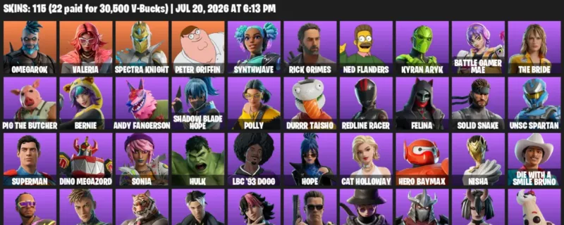 Fortnite Accounts listing: LVL 1214 - Omegarok - Valeria - 115 Outfits - 115 outfits