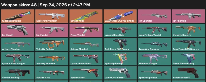 Valorant account inventory for LVL 100 · Glitchpop Dagger & Striker Knife & 48 Skins Glitchpop Dagger