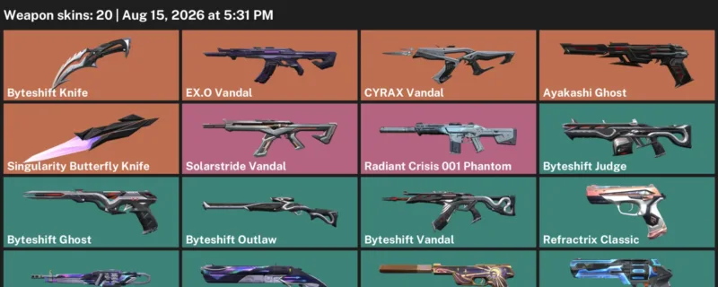 Valorant account inventory for LVL 71 · 20 Skins Byteshift Knife & Singularity Butterfly Knife