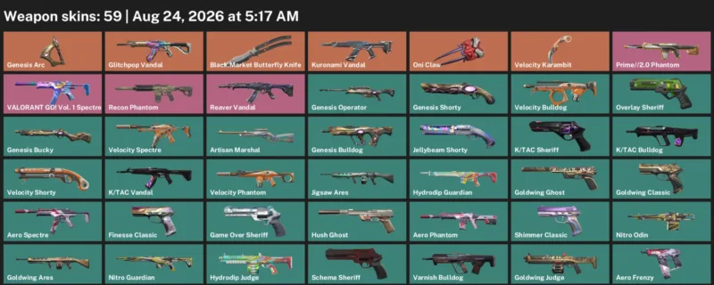 Valorant account inventory for LVL 153 · Velocity Karambit & Aero Phantom