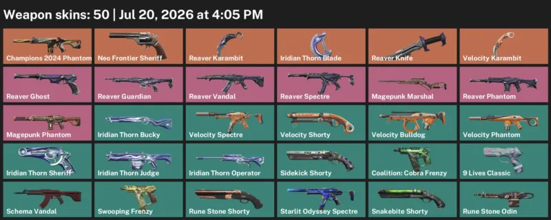 Valorant Accounts listing: LVL 174 · Iridian Thorn Blade & Reaver Karambit · 50 Skins - Bronze 2, 50 skins