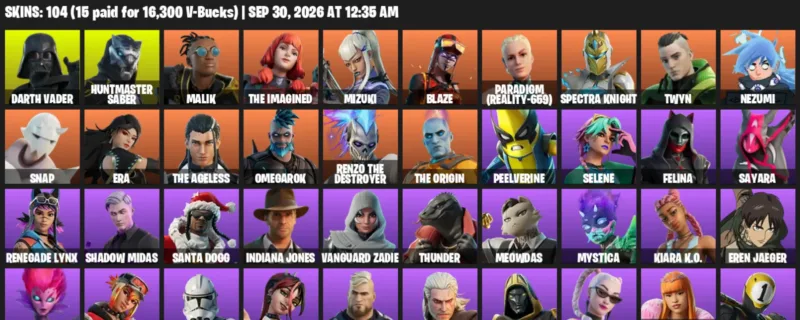 Fortnite account inventory for Darth Vader - Huntmaster Saber - 104 Outfits