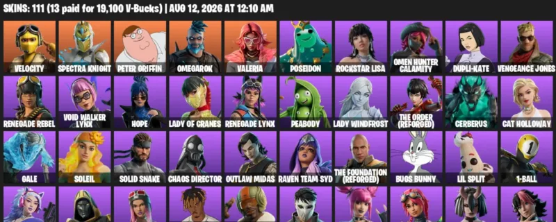 Fortnite account inventory for LVL 1981 - Velocity - Spectra Knight - 111 Outfits