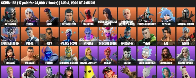Fortnite account inventory for LVL 2417 - Predator - Torin - 155 Outfits