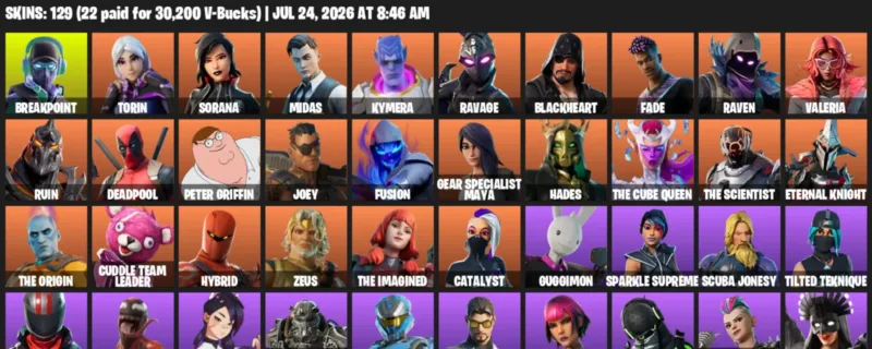 Fortnite Accounts listing: LVL 3613 - Breakpoint - Torin - 129 Outfits - 129 outfits