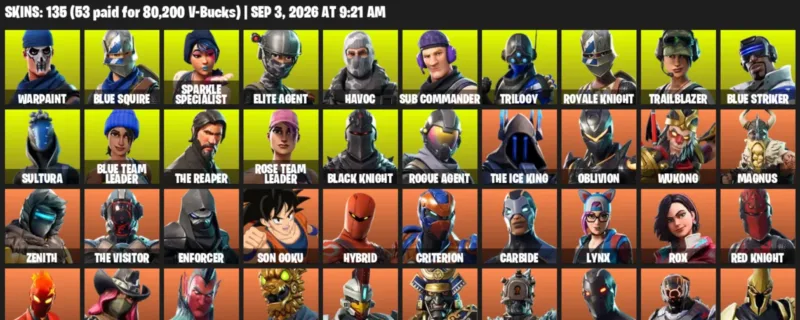 Fortnite account inventory for LVL 725 - Warpaint - Blue Squire - 135 Outfits