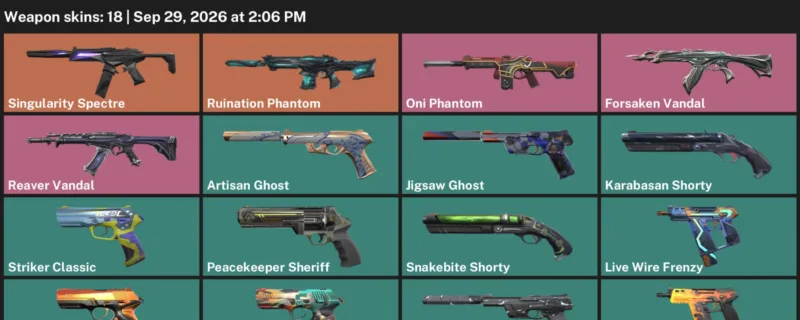Valorant account inventory for LVL 218 · Oni Phantom & Forsaken Vandal