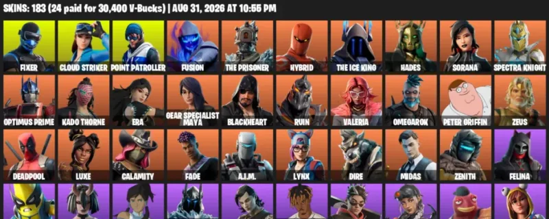 Fortnite account inventory for LVL 2002 - Fixer - Cloud Striker - 183 Outfits