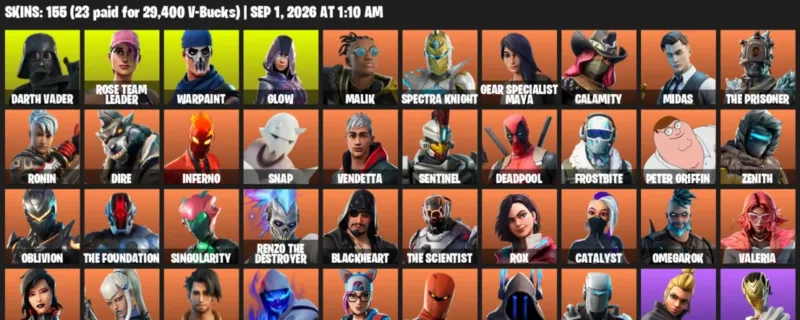 Fortnite account inventory for LVL 2185 - Darth Vader - Rose Team Leader - 155 Outfits