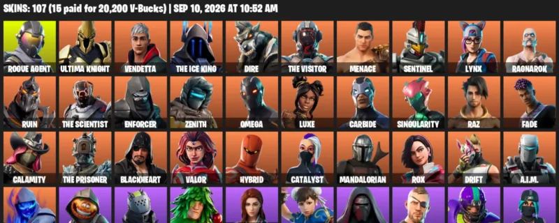 Fortnite account inventory for LVL 1255 - Rogue Agent - Ultima Knight - 107 Outfits