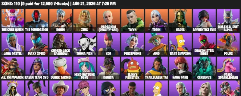 Fortnite account inventory for LVL 950 - The Cube Queen - The Foundation - 110 Outfits