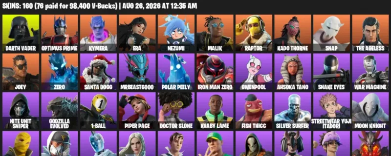 Fortnite account inventory for LVL 2151 - Darth Vader - Optimus Prime - 160 Outfits