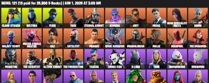 Fortnite account inventory for LVL 2546 - Cloud Striker - Sultura - 121 Outfits