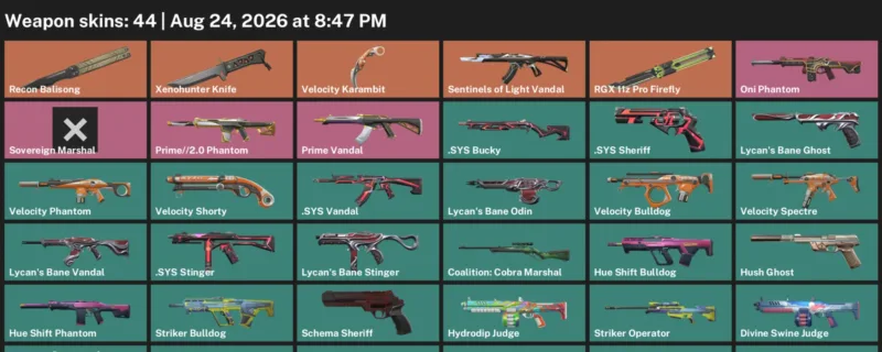Valorant account inventory for LVL 70 · Velocity Karambit & Xenohunter Knife