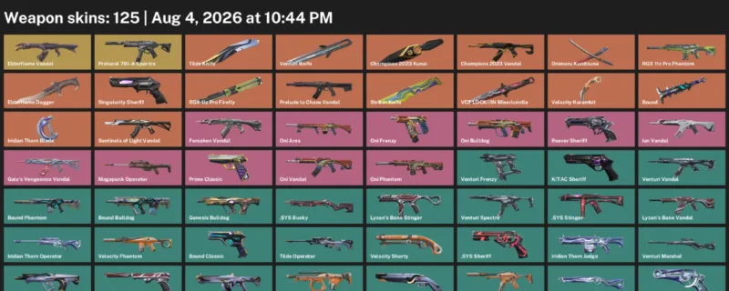 Valorant account inventory for LVL 196 · Champions 2023 Kunai & Elderflame Dagger