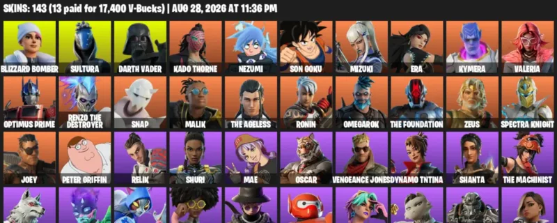 Fortnite account inventory for LVL 2102 - Blizzard Bomber - Sultura - 143 Outfits
