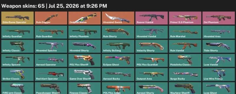 Valorant Accounts listing: LVL 202 · Hivemind Sword & Outpost Melee · 65 Skins - Platinum 3, 65 skins