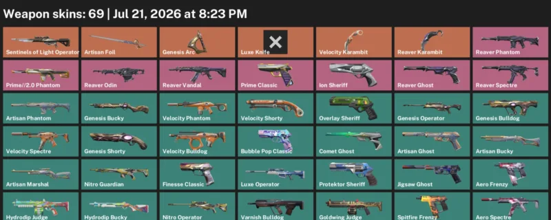 Valorant Accounts listing: LVL 284 · Luxe Knife & Reaver Karambit · 69 Skins - Platinum 1, 69 skins