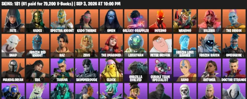 Fortnite account inventory for LVL 2318 - Fate - Hades - 181 Outfits