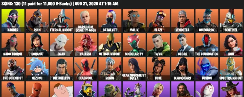 Fortnite account inventory for LVL 2552 - Xander - Ruin - 130 Outfits
