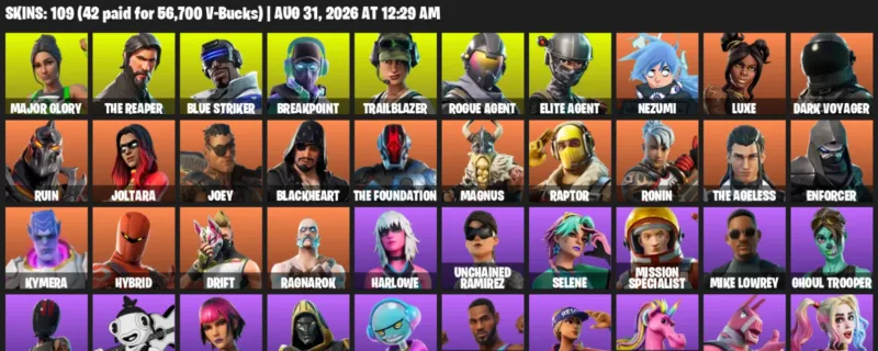 Fortnite account inventory for LVL 1842 - Major Glory - The Reaper - 109 Outfits