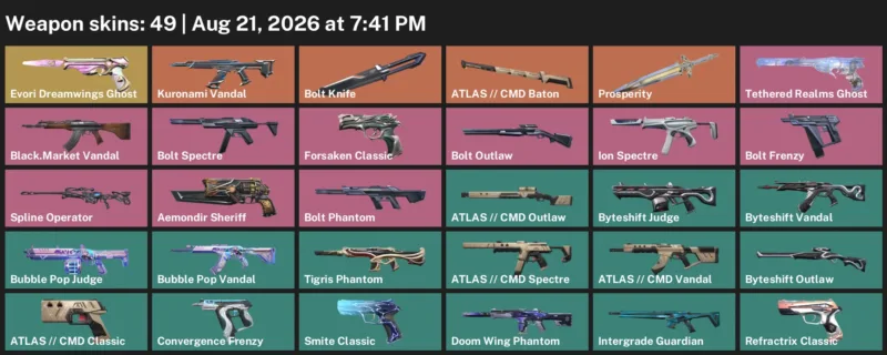 Valorant account inventory for LVL 68 · Bolt Knife & Cmd Vandal