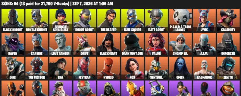 Fortnite account inventory for LVL 1212 - Black Knight - Royale Knight - 64 Outfits
