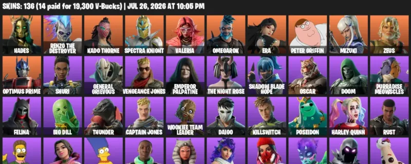 Fortnite Accounts listing: LVL 2299 - Hades - Renzo the Destroyer - 136 Outfits - 136 outfits