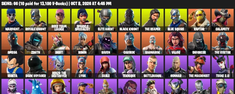 Fortnite account inventory for Warpaint - Royale Knight - 66 Outfits