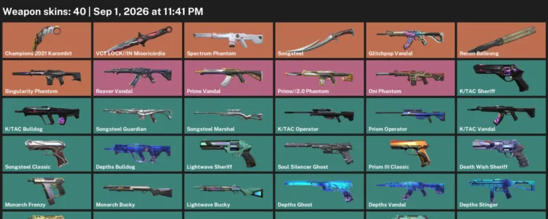 Valorant account inventory for LVL 164 · Champions 2021 Karambit & Glitchpop Vandal