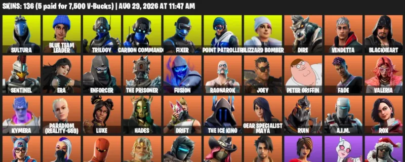 Fortnite account inventory for LVL 1795 - Sultura - Blue Team Leader - 136 Outfits