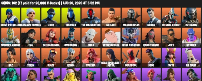 Fortnite account inventory for LVL 2376 - Point Patroller - Blizzard Bomber - 162 Outfits