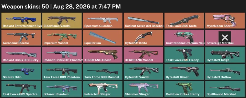 Valorant account inventory for LVL 104 · Task Force 809 Knife & 50 Skins Byteshift Knife