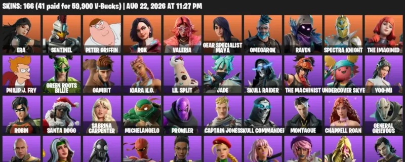Fortnite account inventory for LVL 959 - Era - Sentinel - 166 Outfits
