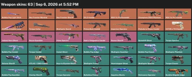 Valorant account inventory for LVL 283 · RGX 11z Pro Karambit & 63 Skins Altitude Knuckle Knife
