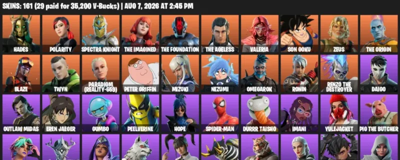 Fortnite account inventory for LVL 3300 - Hades - Polarity - 161 Outfits